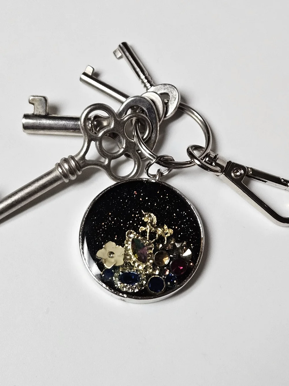 Gold Unicorn In Outer Space Crystal Mountain Round Keychain Bag Charm